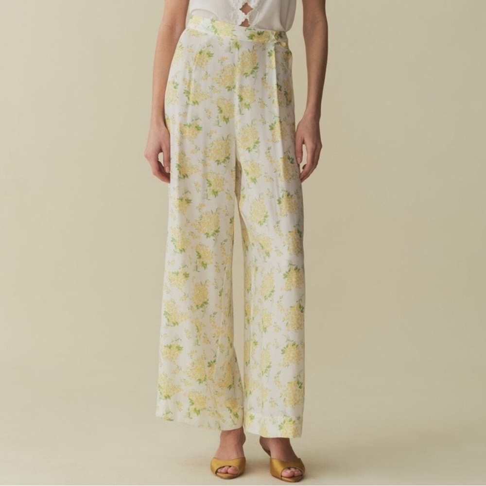 Doen Lani Silk Button Trouser Pants Salt May Bell Floral Yellow S